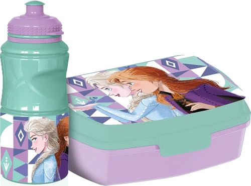 Tataway Set Disney de botella de 380 ml y sandwichería azul para niños en plástico Frozen con banda antideslizante y cierre de seguridad