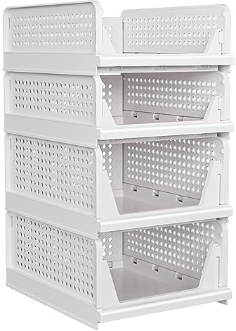 CTSNSLH Faltbare Schrank-Organizer, Aufbewahrungsbox, stapelbarer Kunststoff-Aufbewahrungskorb, Aufbewahrungskörbe, 4 Stück, Schubladenregal, Aufbewahrungsbehälter für Kleiderschrank, Küche, Bad,