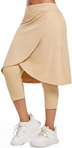 UK loees Women's Long Knee-Length Skirt with Capri Leggings, Athletic Golf Yoga Tennis Skirted Leggings with Internal Pocket, Khaki, L
