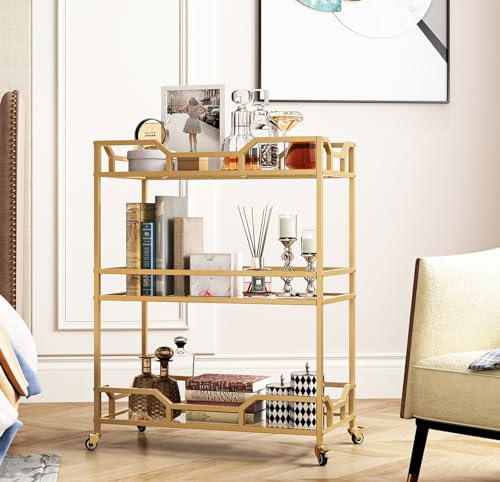 LORMITER Square Gold Bar Carts with 3 Tier Storage Glass Shelves Holder Home Serving Bar Carts on Wheels for Kitchen, Bar, Dinning Room