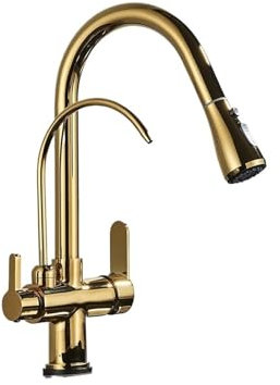 Reiner Wasserhahn-Auslauf, herausziehbarer Dual-Wasser-Modus-Waschtischarmatur(Polished Gold)