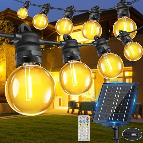 Bowfar Guirlande lumineuse solaire d'extérieur, 15M 25 + 2 ampoules G40, avec télécommande, étanche IP68, 8 modes d'éclairage Guirlande Guinguette pour jardin, balcon, terrasse, décoration extérieure