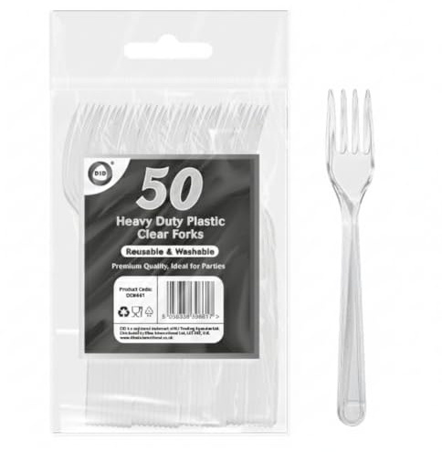 Pack of 50 Heavy Duty Clear Reusable and Washable Fork, Ideal for Home, Office, Birthday, Parties, Wedding, Picnics Camping and Daily Use