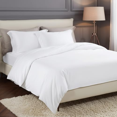 domus&trend - Set Sacco Copripiumino Matrimoniale Bianco Puro raso di cotone 200x250cm + 1 Lenzuolo con Angoli 180x200cm + 2 Federe con Volant 50x80 cm, Made in Italy (Matrimoniale)