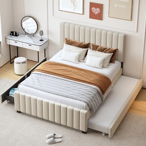 Huayz Letto matrimoniale 140 x 190 cm, con due cassetti e letto estraibile 90 x 190 cm, in tessuto di velluto delicato sulla pelle, letto per gli ospiti, senza materasso