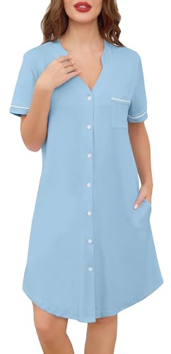 Wikoan Camicia da Notte da Donna Sleepwear Classico Camicia da Notte con Scollo a V e Tasche Laterali,Blu Chiaro,M