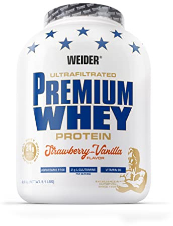 Weider Premium suero de leche Protein Powder - Alto Contenido De Proteínas, Bajos Carbohidratos y Baja Grasa Con L-Glutamina y Vitamina B6-2.3kg - Fresa-Vainilla