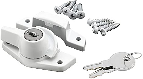 Prime-Line U 9928 Keyed Sash Lock Security Lock Only Unlocks with Key for Aluminum, Vinyl or Wood Double-Hung Windows 2 Hole Centers Heavy-Duty Zinc Diecast, White (Single Pack)