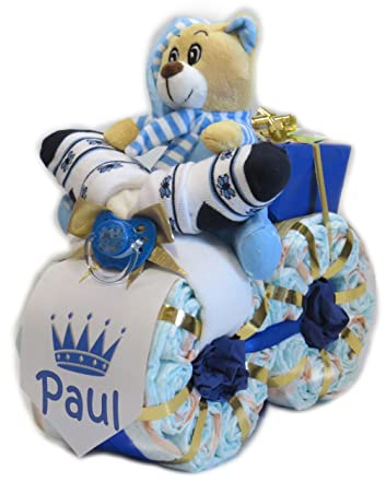 Windeltorte | Windelmotorrad Prinz mit Bär blau | Geschenk zur Geburt | Personalisiertes Windelgeschenk Junge