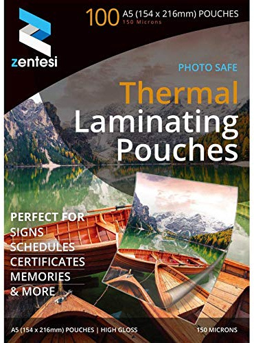 Zentesi A5 Laminating Pouches High Gloss Laminator Sleeves 150 Micron (75 + 75 Microns) Glossy Laminate Pouch Sheets - Pack of 100