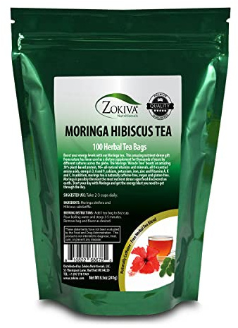 Zokiva Nutritionals - Moringa Hibiscus Tea 100 Bags With Premium Organic Moringa – Nutritious, Tasty and Naturally Caffeine-Free – In Resealable Zip Pouch