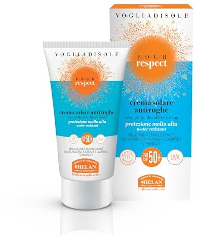 Helan, Vogliadisole Respect, Crema Solar SPF 50+ Cara y Cuerpo, Crema Antiarrugas con Protector Solar Facial 50+ - Resistente al Agua, Enriquecida con Vitamina E, Protege contra Rayos UVB y UVA - 50ml