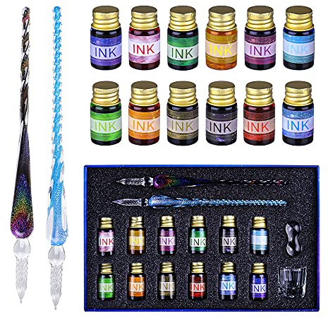 OFUN Kalligraphie set, 2 Glasstifte mit 12 bunten Tinten & 1 Stifthalter und 1 Reinigungsbecher für Grußkarten, Unterschriften, Kalligraphie, Schreiben, Dekoration und Geschenk