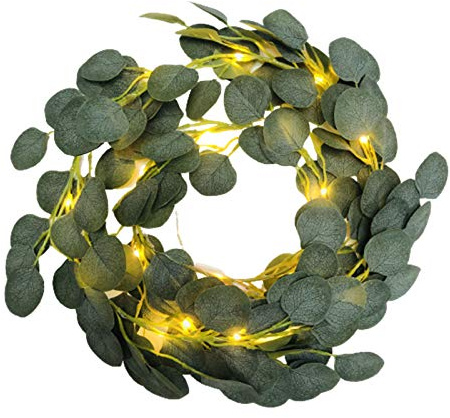 Künstlich Eukalyptus Blätter 20 LED Lichterkette Batteriebetrieben, Künstliche Pflanze Girlande Hängen Reben Urlaub Hochzeit Home Balkon Dekoration Zubehör Wanddekoration (Grün)