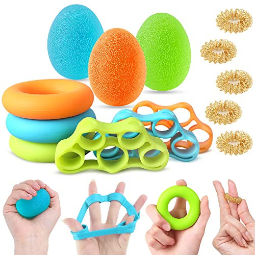 MAOYUTOU Handtrainer Fingertrainer, 14pcs Silikon Finger Stretcher, 3 Widerstandsstufen Finger Trainer Hand Griff Strengthener für Arthrose, Klettern, Gitarre und Klavier (mit Fingermassagering)