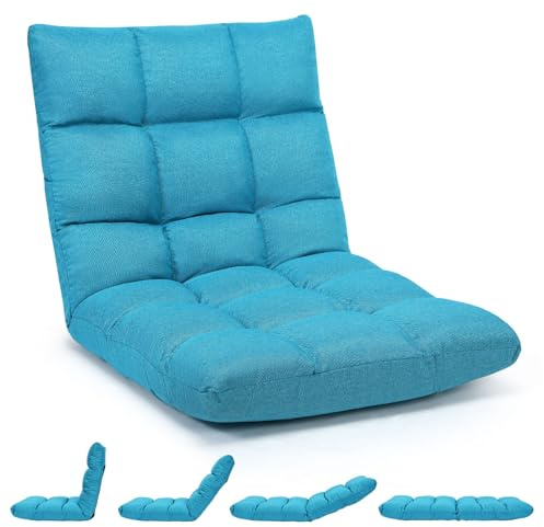 GOPLUS Sillón Relax Reclinable en 14 Posiciones, Sillla Suelo Plegable con Vellón Coral y Cojín Acolchado, Sofá Individual para Lectura y Gamer en Dormitorio, 105 x 57 x15 cm (Azul Eléctrico)