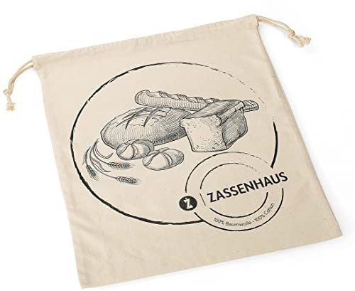 Zassenhaus Brotbeutel | 100% Baumwolle | 38 x 46 cm | 30° waschbar | Kordelzug | wiederverwendbar | Aufbewahrung von Brot und Brötchen | Frischhaltebeutel für Brot | Brotbeutel Tasche