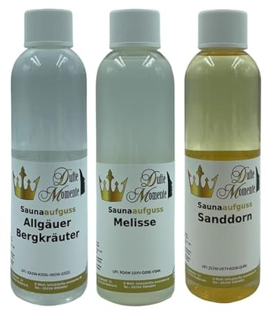Dufte Momente | Saunaduft Konzentrat 3 x 250ml Saunaaufguss: Allgäuer Bergkräuter, Melisse und Sanddorn | naturreine und natürliche ätherische Öle | vegan und ohne Tierversuche