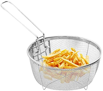 Stainless Steel Fry Baskets with Handle, Stainless Steel Strainer, Blanching Basket, Fryer Skimmer for Kitchen Chips Onion Rings Chicken Wing