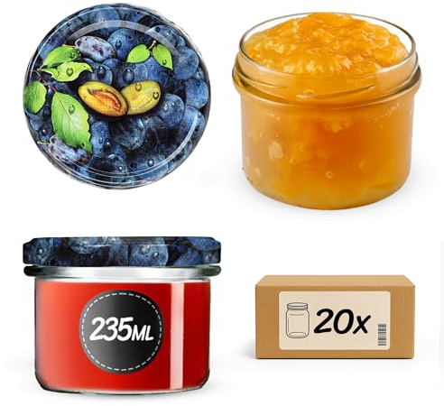 KADAX Juego de 20 tarros para mermelada de 235 ml TO82, frascos de conserva, tarros con tapa de rosca, tarros herméticos, miel y mermelada