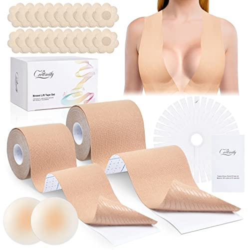 Creamify Boob Tape, Nipple Cover Set for Women, 2 Pack Breast Lift Tape, Adhesive Bra Boobytape for Breast Lift, Multipurpose Pack to Support-Cover Nips, Flesh-coloured, A-D cups