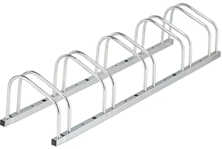 Relaxdays Portabici da Terra, Supporto per 5 Biciclette, E-Bike, Parcheggio Ruote Fino 50 mm, 26x136x33, Argentato, Acciaio, 26x168x33,5 cm