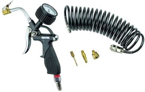 FIAC Kit di Gonfiaggio Pneumatici per Compressore 5 Pezzi, Pistola di Gonfiaggio a Tubo Rigido, Inclusi Gonfiagomme con Manometro e Tubo Spirale 5m, 3 Punte di Gonfiaggio, Pressione Max. 8 Bar, Nero