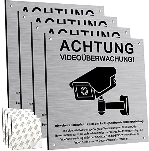 Schild Videoüberwachung Privatgrundstück mit DSGVO Hinweis, 4 Stücke, 15x15cm, Achtung VideoüBerwachung Schild, für ÜBerwachungskamera Oder Kamera Attrappe Innen AußEn(Aluminiumverbund)
