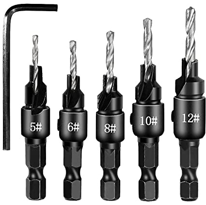 5 Pieces Quick Release Countersink Set, 1/4 Hex Shank Adjustable Drill Bits with One Hex Wrench for Quick Change, Wood, Hole Saw Drill Woodworking