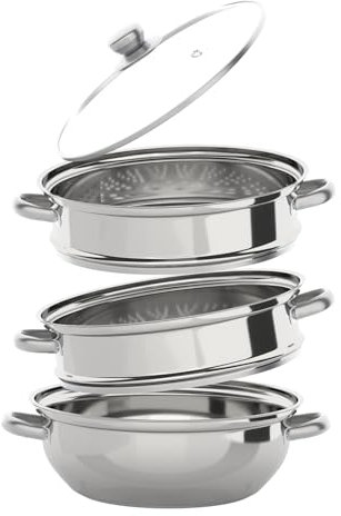 MIIWWOWO 3-Tier Stainless Steel Food Steamer 28cm with Glass Lid for Induction Steamer Pans