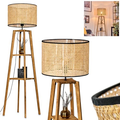 Stehleuchte Ramila, Stehlampe aus Holz/Rattan/Wiener Geflecht in Natur/Schwarz, skandinavische Leuchte mit rundem Schirm (Ø 40cm), Ablageflächen u. Fußschalter, Höhe 151cm, 1x E27, ohne Leuchtmittel