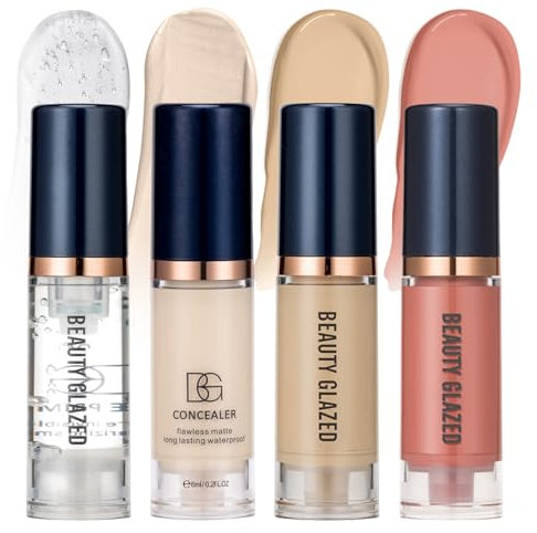 Fondotinta per il trucco, 4 combinazioni di primer+concealer+fondotinta liquido+blush liquido, fondotinta di lunga durata a copertura media e completa, fondotinta antiolio opaco e morbido