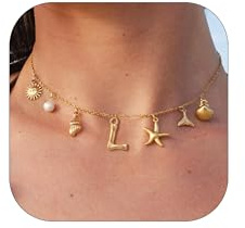 Halora Kette Mit Buchstaben Gold Initial Halsketten, Gold Bubble Letter L Charm Anhänger Halsketten für Frauen Boho Muschelkette Muschel Kette Sommer Seashell Beach Schmuck Damen