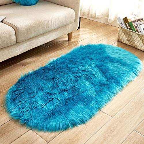 YUGWNN Navy Blau Fellteppich Kunstfell Teppich Bettvorleger Fell,Schafsfell Fell füR StüHle,Oval 100x180cm/39.3x70.7in