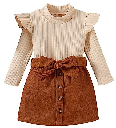 Uwdiohq Kleinkind Mädchen Rüschen Langarm Gerippt Gestrickt Rollkragen T-Shirt Tops Solide Fliege Rock Outfits Kinder Pullover Süße Baby Outfit Festkleid