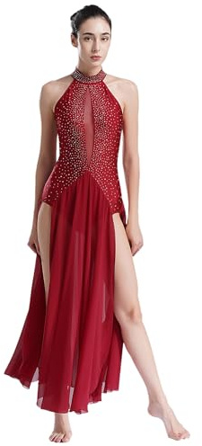 Freebily Damen Lyrische Tanzkleider Lang Neckholder Ballett Tanz-Trikot Swing Maxikleid Rückenfrei Ballsaal Zeitgenössische Tanzkostüme Burgundy S