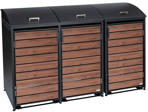 Zelsius Mülltonnenbox 3er für 3 Mülltonnen mit abgerundetem Deckel | 120-240 Liter | Walnuss, Anthrazit RAL7016 | Tür in Holzoptik mit Erweiterungsmöglichkeiten | Mülltonnenhäusschen