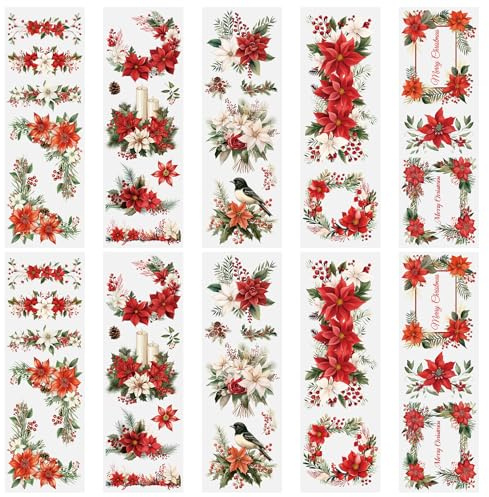 WANDIC 10 Blatt Rub on Sticker Weihnachten,Scrapbook Stickers Wasserfest Transferaufkleber Weihnachtsrot DIY Aufkleber für Tagebuch Becher Möbel Handwerk,10 x 30 cm