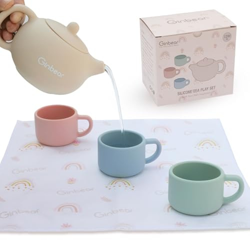 Ginbear Silicone Play Kitchen Tea Set with Washable Cloth Napkin for Toddlers & Kids 1-3, Non-Toxic Unbreakable Baby Bath Toys for Children 12 Months+ (Beige, Blue, Green, Rosy)