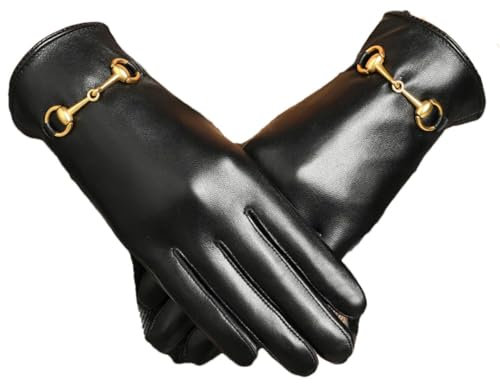 Damen Winter Warme Echtlederhandschuhe Dicker Touchscreen Schaffell Handschuhe, Schwarz , M