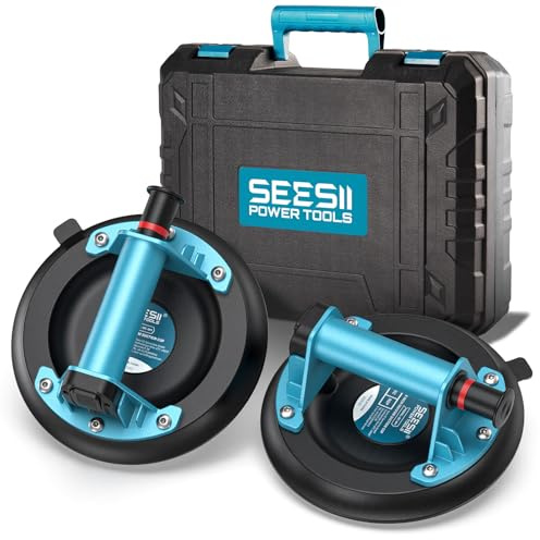 SEESII Vakuum Saugheber Fliesen, 2er-Set 8 Glassauger Tragkraft Max.200KG, Fliesenheber für Glas, Marmor, Laminat & Terrassenplatten, Vakuumheber Glasheber mit Tragbarer Werkzeugkasten