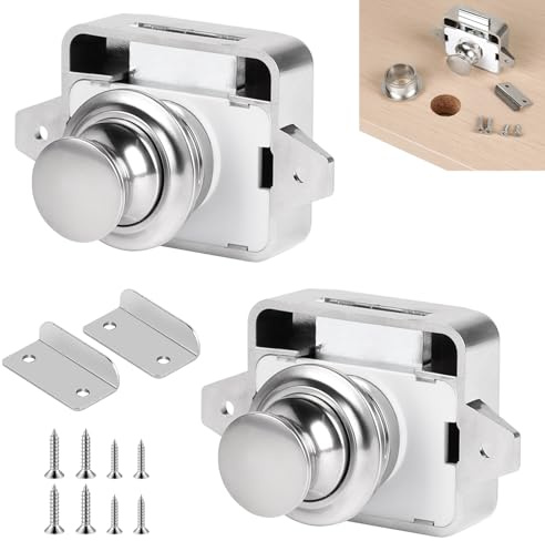 SUPAWAY 2 Pièces Bouton poussoir serrure Camping serrure meuble push lock Serrure de porte meuble fermoir Sans clé verrou à bouton Poussoir verrou armoire pour porte de van, caravane, placard(Nickel)