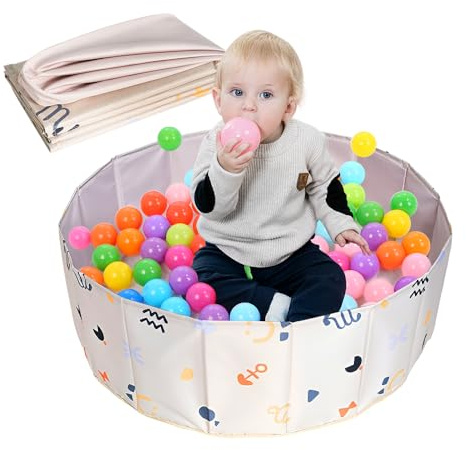 KBIBCK Ball Pit, Foldable Baby Ball Pit, 80 CM Kids Ball Pit for Children Girls Boys, Nursery Baby Playpen, Portable Baby Round Ocean Ball Pool for Dogs Cats Indoor Outdoor, Balls Not Included (Beige)