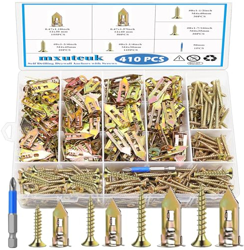 mxuteuk 410 PCS Self Drilling Drywall Anchors with Screws Kit - 2 Sizes Sheetrock Anchors & 4 Sizes Zinc Expansion Screws,2026 Upgraded Zinc Plated Steel,No Drill Needed, Holds Up to 66LB on Walls