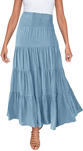 Women‘s Elegant Pleated Tiered Ruffle Hem Maxi Skirt A-line Elastic High Waisted Solid Colour Ankle Length Skirts Trendy Casual Flowy Swing Long Skirt for Wedding Afternoon Tea Light Blue