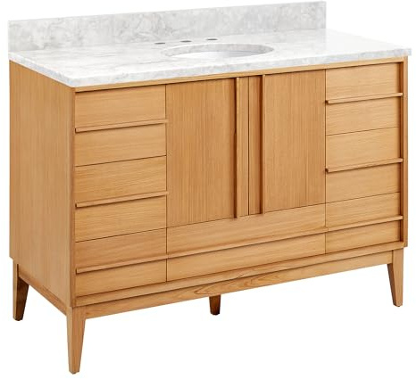 Signature Hardware 955208-48-UM-3 Sybill 48 Freestanding Teak Single Basin Vanity Set with Cabinet, Vanity Top, and Oval Porcelain Sink - 8 Faucet Holes - Natural Teak/Carrara