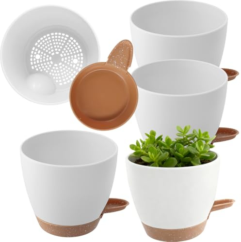 MAKTSAM Lot de 6 pots de fleurs d'intérieur à arrosage automatique avec trous de drainage et soucoupes pour orchidée, serpent, aloès, violet (blanc)