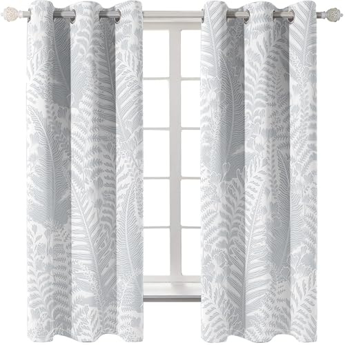 Homxi Vorhang Modern Blickdicht 2 Stück,2 x 96W x 160H cm,Gardinen Ösenringe Blätter Muster Vorhang Hellgrau