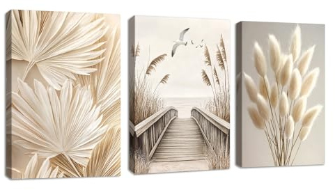 3 Pcs Beige Sonnenuntergang Meer Szenerie Leinwandbilder, Ästhetik Pflanzen Pampas Rohrkolben Wandbilder mit Rahmen, Bild Auf Leinwand Wandkunst Deko für Wohnzimmer Schlafzimmer Esszimmer 40x60cmx3