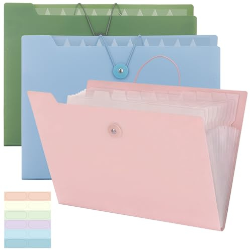 JEFURE Expanding File Folder, Document Organiser, Accordion File Organiser for Paper Storage, Portable Folder for Home, Office and School Use (Pink, Blue, Green)